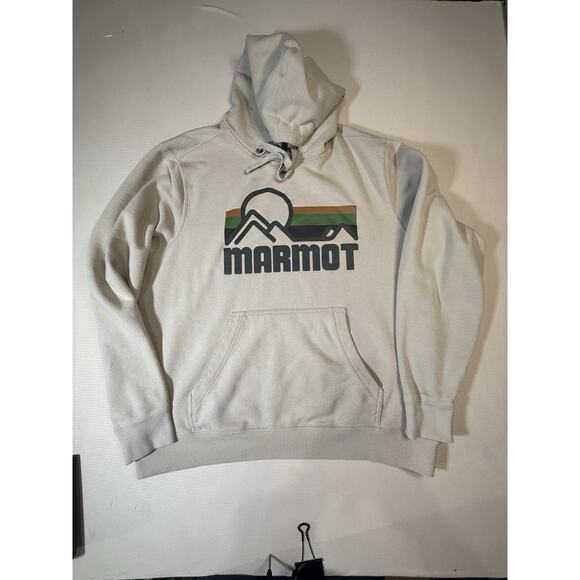 Marmot Mountain Works Hoodie XL Tan Pullover Sweatshirt Logo Graphic Outdoor - Picture 1 of 9